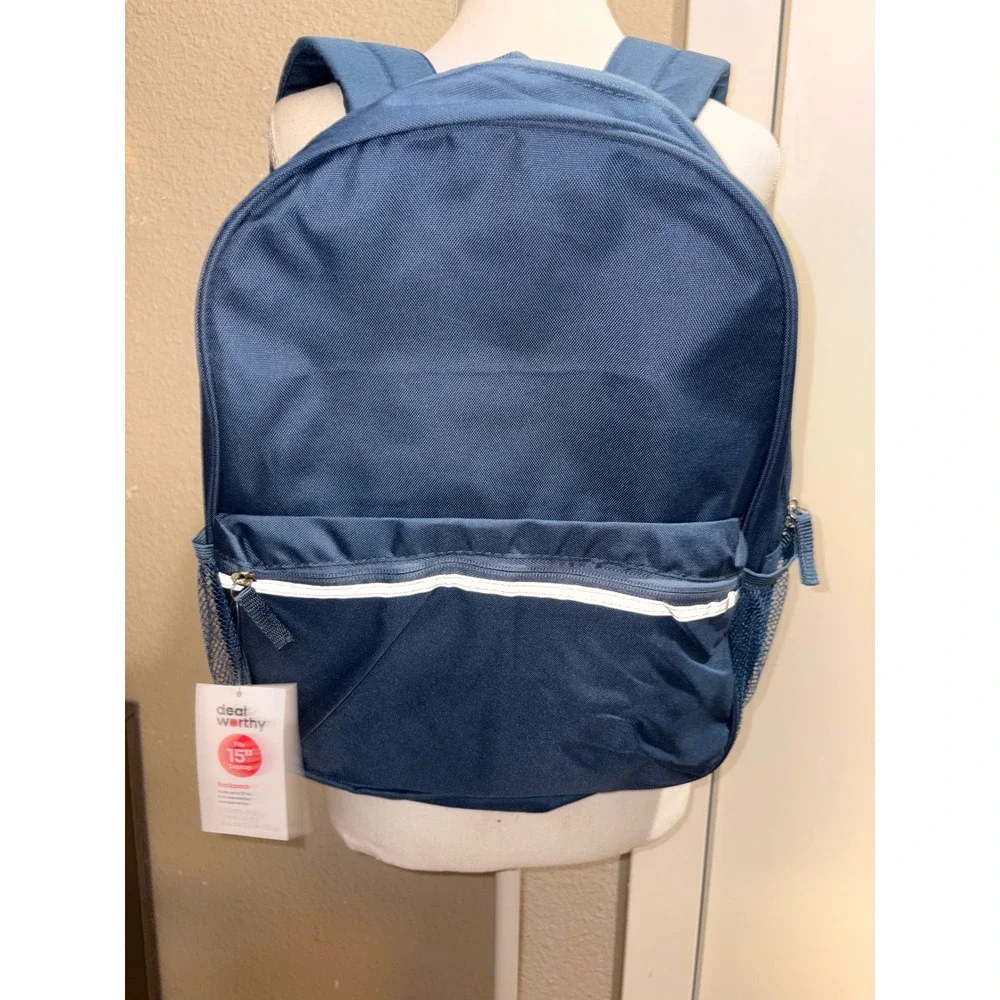 Deal Worthy Navy Blue Backpack Fits 15in Laptop School Bag Reflective Strip NWT
